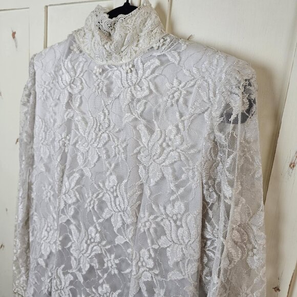 Vintage Jessica McClintock White Lace Dress – Victorian High Neck, Long Sleeve - Picture 3 of 10